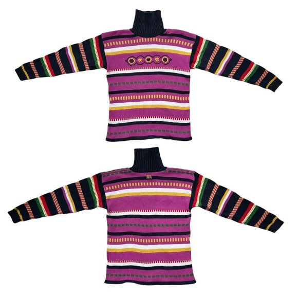 90s vintage striped turtleneck sweater sunflower embroidery quirky  retro Mexx. - Picture 2 of 8